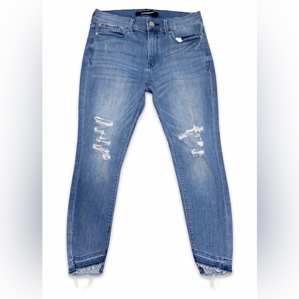 Express Cropped Legging Jeans Mid Rise Stretch Distressed Raw Hem Size 4